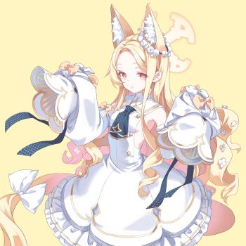 1girl animal_ear_fluff animal_ears blonde_hair blue_archive cross_halo detached_sleeves dress ear_wreath forehead fox_ears fox_girl h2so4 halo highres long_hair looking_at_viewer sailor_collar seia_(blue_archive) sleeve_bow sleeveless sleeveless_dress sleeves_past_fingers sleeves_past_wrists solo white_dress white_sailor_collar yellow_halo