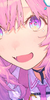 1girl absurdres black_choker chain chemical_structure choker clock collared_shirt commentary_request eye_focus fang hair_between_eyes hakui_koyori hakui_koyori_(1st_costume) heart hexagon hexagon_hair_ornament highres hololive lab_coat light_blush necktie open_mouth pink_eyes pink_hair pink_necktie shiloroshi shirt skin_fang star_(symbol) strap virtual_youtuber white_shirt