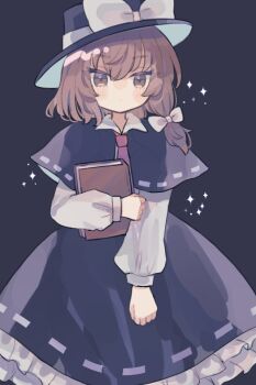 1girl black_background black_capelet black_hat black_skirt book bow brown_eyes brown_hair capelet collared_shirt commentary cowboy_shot hair_bow hat hat_bow hat_ribbon hiyuu_(hiyualice) holding holding_book long_hair long_sleeves looking_at_viewer necktie red_necktie ribbon ribbon-trimmed_capelet ribbon-trimmed_skirt ribbon_trim shirt skirt solo touhou usami_renko white_bow white_ribbon white_shirt