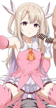 1boy 1girl absurdres bar_censor breasts censored commentary_request fate/kaleid_liner_prisma_illya fate_(series) gloves hair_ornament hetero highres illyasviel_von_einzbern long_hair maru_(asroc7233) penis prisma_illya small_breasts squatting thighhighs variant_set white_gloves