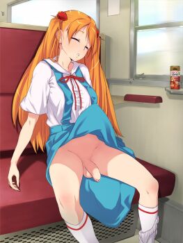 1futa accidental_exposure closed_eyes coffee flaccid foreskin futanari highres long_hair male_focus neon_genesis_evangelion no_panties orange_hair panties panties_around_leg penis sitting skirt sleeping solo someoka_yusura source_request souryuu_asuka_langley testicles third-party_edit twintails uncensored underwear upskirt wind wind_lift