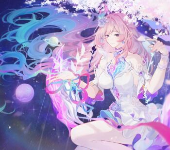 1girl aqua_hair bare_shoulders breasts commentary cyrene_(honkai:_star_rail) cyrene_(ripples_of_past_reverie)_(honkai:_star_rail) dress earrings flower hair_flower hair_ornament highres honkai:_star_rail honkai_(series) jewelry large_breasts long_hair multicolored_hair nem00chiiya pink_hair planet pointy_ears purple_eyes revision smile solo symbol-only_commentary thighs very_long_hair white_dress white_hair