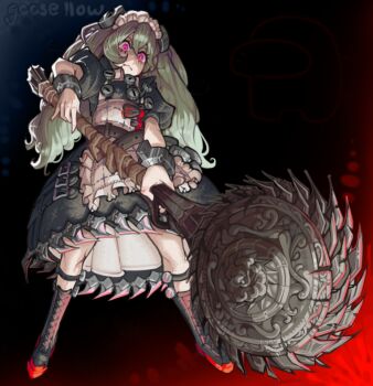 Rule 34 | 1girl, apron, artist name, belt, black bow, black dress, bloodborne, boots, bow, circular saw, commentary, corin wickes, dress, english commentary, goose llow, green hair, hair between eyes, holding, holding weapon, knee boots, long hair, maid, maid headdress, pink eyes, puffy short sleeves, puffy sleeves, saw, screw hair ornament, short sleeves, solo, twintails, weapon, whirligig saw, white apron, zenless zone zero
