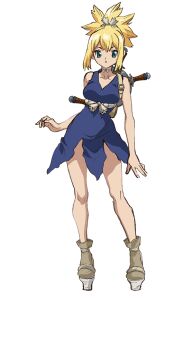 1girl backpack bag bare_arms bare_shoulders blonde_hair blue_dress blue_eyes boots breasts choker cleavage closed_mouth contrapposto dr._stone dress full_body high_ponytail highres iwasa_yuuko iwasa_yuukowhite_background kohaku_(dr._stone) looking_at_viewer medium_breasts official_art ponytail short_dress sleeveless sleeveless_dress solo standing sword weapon weapon_on_back white_background