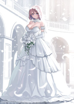 1girl alternate_costume armband bare_shoulders bob_cut bouquet breasts bridal_veil bride chocolate_cosmos_(flower_knight_girl) cleavage closed_mouth commentary_request commission detached_collar dress elbow_gloves falling_petals flower flower_knight_girl frilled_armband frills full_body gloves hair_between_eyes hair_flower hair_ornament highres holding holding_bouquet kintarou_(kintarou's_room) large_breasts long_legs looking_at_viewer multi-source_commentary petals purple_eyes red_hair see-through_clothes see-through_veil short_hair skeb_commission smile solo strapless strapless_dress veil watermark wedding_dress white_dress white_gloves white_veil