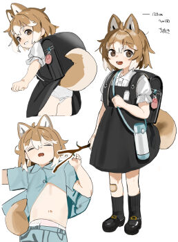 1girl :d ahoge animal_ears backpack bag bandaid bandaid_on_knee bandaid_on_leg black_bag black_dress black_shoes black_socks blue_pajamas blue_shirt branch brown_eyes brown_hair buttons character_name chiaki_(yuki_hotaru) clenched_hand closed_eyes clothes_lift collared_shirt colored_tips commentary_request crime_prevention_buzzer dog_ears dog_girl dog_tail dress dress_lift dress_shirt drooling frilled_sleeves frills grin height highres holding holding_branch holding_strap loli looking_at_viewer looking_back mary_janes medium_dress mouth_drool multicolored_hair multiple_views name_tag navel open_mouth original pajamas panties panty_peek pantyshot partially_unbuttoned pinafore_dress polka_dot polka_dot_panties randoseru ribbed_socks shirt shoes short_hair short_sleeves simple_background sleeping sleepwear sleeveless sleeveless_dress smile socks standing stomach strap tail tail_under_clothes teeth thermos turning_head two-tone_hair underwear upshirt venus_symbol white_background white_hair white_panties white_shirt yuki_hotaru