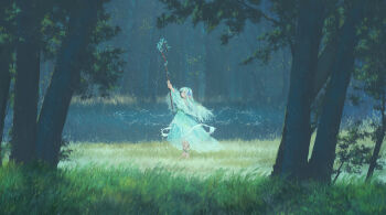 1girl absurdres ame_(2453323719) commentary_request dress elf flower_hairband forest hairband highres hydrokinesis long_hair nature original pointy_ears rain red_eyes scenery see-through_clothes solo standing tree wand water white_dress white_hair