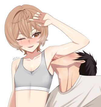 1boy 1girl absurdres artist_name black_hair blush brown_eyes brown_hair clio_aite collarbone commentary commission english_commentary freckles grey_sports_bra highres licking licking_armpit parted_lips phase_connect saliva scar scar_across_eye scar_on_face shirt short_hair sports_bra tongue upper_body virtual_youtuber white_shirt zedxxx