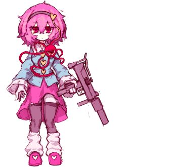 Rule 34 | 1girl, black hairband, black thighhighs, blue shirt, buttons, commentary, eyeball, frilled shirt collar, frills, full body, gun, hair ornament, hairband, heart, heart-shaped pupils, heart button, heart hair ornament, highres, holding, holding gun, holding weapon, komeiji satori, korean commentary, leg warmers, long sleeves, looking at viewer, mac-10/11, medium hair, pink hair, pink skirt, pink slippers, rampa93, red eyes, ribbon-trimmed collar, ribbon trim, shirt, simple background, skirt, slippers, solo, submachine gun, symbol-shaped pupils, thighhighs, third eye, touhou, transparent background, weapon, white leg warmers