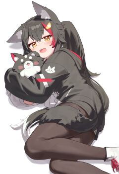 1girl :d absurdres animal_ear_fluff animal_ears black_hair black_hoodie black_pantyhose black_shorts boots commentary_request deaver double-parted_bangs hair_between_eyes hair_ornament hairclip highres hololive hood hoodie lace-up_boots long_hair long_sleeves looking_at_viewer lying miofa_(ookami_mio) multicolored_hair official_alternate_costume on_side ookami_mio ookami_mio_(hoodie) open_mouth pantyhose red_hair short_shorts shorts sidelocks simple_background sleeves_past_wrists smile solo spiked_hair streaked_hair tail tail_around_own_leg tail_wrap two-tone_hoodie very_long_hair virtual_youtuber white_background white_boots white_hair white_hoodie wolf_ears wolf_girl wolf_tail yellow_eyes