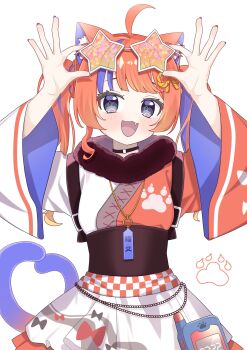 1girl :3 ahoge animal_ear_fluff animal_ear_piercing animal_ears apron asymmetrical_sleeves black_choker blue_eyes blue_hair blue_nails blush braid cat_ears cat_girl cat_tail cellphone chain checkered_clothes choker cowboy_shot eyewear_on_head frilled_skirt frills fur_collar gradient_hair gradient_tail hair_ornament hands_on_eyewear highres japanese_clothes kimono kimono_skirt layered_skirt long_hair long_sleeves looking_at_viewer mismatched_sleeves multicolored_hair multicolored_kimono multicolored_nails multiple_tails mz_3kaku_3 nail_polish nekomata nekoyashiki_miku nijisanji obi open_mouth orange-tinted_eyewear orange_hair paw_print paw_print_background phone red_hair red_kimono red_nails rope sash shimenawa simple_background skirt smile solo standing star-shaped_eyewear star_(symbol) streaked_hair sunglasses tail tinted_eyewear twintails twintails_with_braided_base two_tails virtual_youtuber waist_apron white_apron white_background white_kimono wide_sleeves