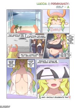 3girls aqua_hair artist_name beach belly black_shirt blonde_hair blush breasts cleavage coffeeslice collarbone comic dragon_girl gradient_hair hat highres horns huge_breasts kobayashi-san_chi_no_maidragon long_hair lucoa_(maidragon) multicolored_hair multiple_girls nun ocean open_clothes open_mouth palm_tree plump pregnant shirt sidelocks smile tree twitter_username very_long_hair