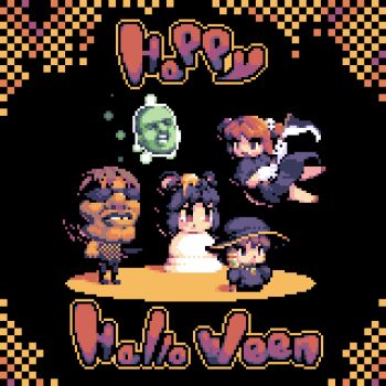 2boys 3girls animal_ears animated animated_gif big_head black_background black_headwear bouncing brown_eyes brown_hair chibi commentary_request cookie_(touhou) cosplay death_(entity) fang floating full_body grim_reaper grim_reaper_(cosplay) hair_ornament hakurei_reimu happy_halloween hat highres holding holding_scythe kofji_(cookie) looping_animation manatsu_no_yo_no_inmu mouse_ears multiple_boys multiple_girls nazrin onozuka_komachi open_mouth pixel_art red_eyes red_hair sakenomi_(cookie) scythe shishou_(cookie) short_hair skull_hair_ornament sunglasses takuya_(acceed) tonchamon_san touhou triangle_mouth walking witch witch_hat yajuu_senpai