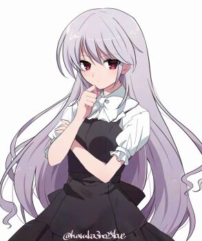 1girl adversarial_noise black_dress bow bowtie clenched_hand closed_mouth commentary cowboy_shot dress frilled_sleeves frills grey_hair grisaia_(series) grisaia_no_kajitsu hair_between_eyes hands_up haruka3no25love highres kazami_kazuki light_frown long_hair looking_at_viewer red_eyes shirt short_sleeves sidelocks simple_background sleeveless sleeveless_dress solo straight_hair twitter_username very_long_hair white_background white_bow white_bowtie white_shirt