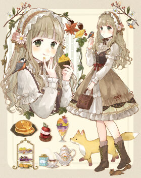 1girl :q acorn animal animal_on_shoulder autumn autumn_leaves bag bib_collar bird bird_on_hand bird_on_shoulder blunt_bangs blush boots bow brown_bag brown_boots brown_bow brown_hair brown_hairband butter center_frills chin_strap commentary_request cupcake dress fingernails floral_print flower food fox frilled_dress frills full_body green_eyes hair_bow hairband hand_up handbag hands_up highres holding holding_bag holding_food ice_cream icing knees_together_feet_apart lace-up_boots leaf lolita_fashion lolita_hairband long_hair long_sidelocks long_sleeves looking_at_animal looking_at_viewer multiple_views original pancake parted_lips pink_flower pink_rose puffy_long_sleeves puffy_sleeves red_bow rose sidelocks squirrel standing steaming_cup sundae syrup tea teapot tententuyu tiered_tray tit_(bird) tongue tongue_out waist_bow wavy_hair white_dress