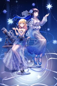 2girls armlet bare_shoulders blonde_hair blue_eyes character_request commentary_request dress floating_hair flower frills gradient_hair hair_flower hair_ornament high_heels highres indie_virtual_youtuber jewelry long_hair long_sleeves multicolored_hair multiple_girls nanami_urara_(vtuber) off-shoulder_dress off_shoulder pipi_(pipinavigation) purple_hair semi-transparent_dress sitting telescope veil