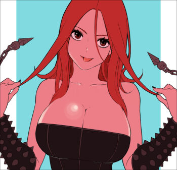 1girl :p alternate_costume alternate_hair_color alternate_hairstyle black_dress black_nails bracelet breasts cleavage dress female_focus ieung-isegae jewelry large_breasts league_of_legends long_hair looking_at_viewer nail_polish pentakill_(league_of_legends) pentakill_sona red_eyes red_hair smile solo sona_(league_of_legends) spiked_bracelet spikes strapless strapless_dress tongue tongue_out