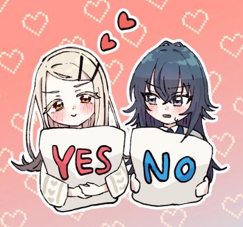 2girls anpan_sora black_hair blonde_hair blush closed_mouth colored_eyelashes flipped_hair gakuen_idolmaster gradient_background gradient_hair grey_eyes grey_hair hair_ornament hairclip heart holding holding_pillow hugging_object idolmaster long_hair long_sleeves looking_at_another looking_at_viewer looking_to_the_side multicolored_hair multiple_girls no open_mouth orange_eyes outline parallel_hairclips pillow pillow_hug pink_background pixel_heart shinosawa_hiro smile swept_bangs tsukimura_temari upper_body white_outline wide_sleeves yes yes-no_pillow