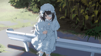 1girl absurdres black_hair bob_cut bow bowtie capelet closed_mouth commentary_request cross-laced_clothes cross-laced_dress day dress expressionless eyepatch feet_out_of_frame flat_chest flower frilled_hairband frilled_skirt frills grass grey_eyes guard_rail hair_bow hairband half-closed_eye heart heart_eyepatch highres holding holding_stuffed_toy impasto leaf lolita_fashion lolita_hairband looking_at_viewer medium_hair original outdoors plant scenery shadow siotanikun sitting skirt solo stuffed_toy sunflower text_hair_ornament thighhighs traffic_barrier white_bow white_bowtie white_capelet white_dress white_thighhighs