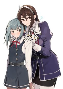 2girls ashigara_(kancolle) ashigara_kai_ni_(kancolle) black_ribbon black_skirt blush brown_eyes brown_hair closed_mouth collared_shirt dress gloves grey_hair hair_between_eyes hair_ribbon hairband hands_on_another's_shoulders highres jacket kantai_collection kasumi_(kancolle) kasumi_kai_ni_(kancolle) long_hair long_sleeves looking_at_viewer multiple_girls nakagomiyuki415 neck_ribbon pantyhose pencil_skirt pinafore_dress purple_jacket red_ribbon ribbon shirt side_ponytail simple_background skirt sleeveless sleeveless_dress white_background white_gloves white_hairband white_shirt