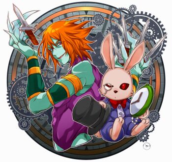 2boys armor blue_pants bow bowtie castlevania:_aria_of_sorrow castlevania:_dawn_of_sorrow castlevania_(series) chronomage claws clock colored_skin evil_smile gears green_skin hat highres holding holding_stopwatch holding_unworn_clothes holding_unworn_hat knife looking_at_viewer monocle multiple_boys one_eye_closed orange_hair pants pink_fur purple_armor purple_eyes rabbit red_bow red_bowtie red_eyes roman_numeral smile stopwatch top_hat unworn_hat unworn_headwear user_pjdc3332 vest waistcoat watch zephyr_(castlevania)