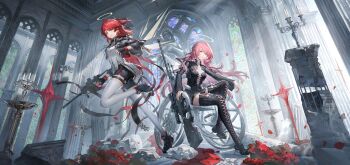 2girls absurdres adoptive_siblings ai_arctic_warfare arknights black_boots black_gloves black_jacket black_shoes black_shorts bolt_action boots candle candlestand chinese_commentary commentary_request earrings energy_wings exusiai_(arknights) exusiai_the_new_covenant_(arknights) falling_petals fingerless_gloves flower glint gloves grin gun halo highres incredibly_absurdres indoors jacket jewelry kriss_vector lace-up_boots lemuen_(arknights) multiple_girls petals pink_eyes pink_hair red_flower red_hair rifle shoes shorts siblings sisters smile sniper_rifle stained_glass statue submachine_gun thigh_boots thigh_strap thighhighs ting_zi_bbb traditional_halo weapon wheelchair white_thighhighs yellow_eyes