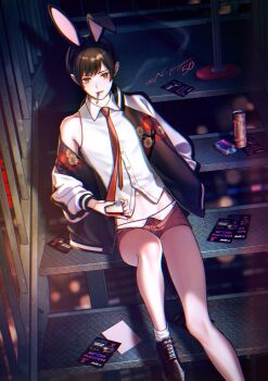 Rule 34 | 1boy, absurdres, animal ears, artist name, axis powers hetalia, black hair, black jacket, black shoes, blurry, blurry background, brown eyes, building, buttons, can, cellphone, chromatic aberration, cigarette, cigarette pack, city, collared shirt, commentary request, energy drink, fake animal ears, feet out of frame, fingernails, floral print, hand in pocket, hand up, highres, holding, holding phone, jacket, japan (hetalia), kikkoumon, lighter, long sleeves, looking at viewer, male focus, monster energy, multicolored jacket, necktie, night, npyon, orange shorts, outdoors, phone, puffy long sleeves, puffy sleeves, rabbit ears, red necktie, shadow, shirt, shoes, short hair, short shorts, shorts, single bare shoulder, sitting, skyscraper, sleeveless, sleeveless shirt, smartphone, smoke, smoking, socks, solo, stairs, sukajan, two-tone jacket, white jacket, white shirt, white socks, window, zippo lighter