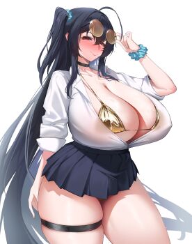 1girl absurdres adjusting_eyewear ahoge alternate_costume azur_lane bikini black_choker black_hair black_skirt blue_scrunchie blush breasts choker cleavage collarbone collared_shirt commentary cowboy_shot crossed_bangs full-face_blush gold_bikini gyaru hair_between_eyes hair_ornament hair_scrunchie highres huge_ahoge huge_breasts long_hair long_sleeves looking_at_viewer miniskirt partially_unbuttoned pleated_skirt round_eyewear ruda7032 scrunchie shirt simple_background skindentation skirt solo sunglasses swimsuit taihou_(azur_lane) thigh_strap tinted_eyewear variant_set very_long_hair white_background white_shirt wrist_scrunchie yellow-tinted_eyewear