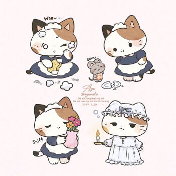 Rule 34 | :3, :i, ;o, animal, animal focus, apron, ayu (mog), blue dress, broken, calico (pattern), calico cat, candy, closed eyes, closed mouth, commentary, dated, dress, flower, food, hat, highres, holding, holding candy, holding food, holding sponge, holding vase, maid, maid headdress, mob cap, mouse (animal), no humans, one eye closed, open mouth, orange flower, original, pink background, pink flower, plate, short sleeves, signature, simple background, smile, soap, solid circle eyes, sponge, squeans, tehepero, twitter username, watermark, white apron, white hat