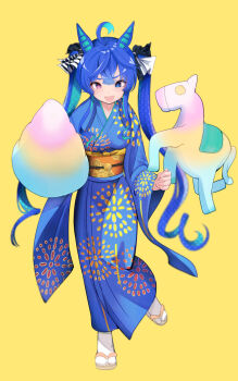 Rule 34 | 1girl, :d, ahoge, animal ears, aqua hair, blue eyes, blue hair, blue kimono, blurry, bow, commentary request, cotton candy, crossed bangs, depth of field, food, full body, furisode, hair bow, heterochromia, highres, holding, holding cotton candy, holding food, horse ears, horse girl, horse tail, japanese clothes, kimono, long hair, long sleeves, multicolored hair, obi, open mouth, purple eyes, sandals, sash, sharp teeth, sidelocks, simple background, smile, solo, standing, standing on one leg, striped bow, tabi, tail, teeth, twin turbo (umamusume), twintails, two-tone hair, umamusume, very long hair, yellow background, yomean!