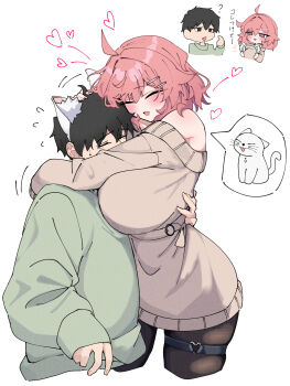 1boy 1girl absurdres animal_ears blush breasts cat cat_boy cat_ears character_request chibi commentary_request fake_animal_ears green_sweater hair_ornament hairpin headpat heart heart_o-ring highres hug kozakura_men_(warabi_mochi_(w4rabimochi)) large_breasts leggings o-ring o-ring_thigh_strap original pink_hair short_hair speech_bubble sweater thigh_strap warabi_mochi_(w4rabimochi)