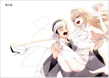 1boy 1girl ass blush breasts choker fukuda_shinichi gojou_wakana high_heels highres kitagawa_marin lingerie long_hair official_art sono_bisque_doll_wa_koi_wo_suru string_around_finger thighhighs tiara underwear bridal_lingerie white_heels