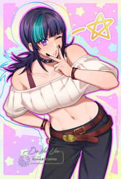 Rule 34 | 1boy, absurdres, artist name, bare shoulders, black hair, black nails, collar, commentary, english commentary, hand on own hip, highres, hoshi kirara, jujutsu kaisen, looking at viewer, medium hair, midriff, navel, one eye closed, piercing, purple eyes, spiked collar, spikes, star-shaped pupils, star (symbol), star symbol background, symbol-shaped pupils, yoghurtstripper