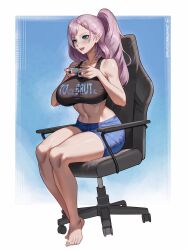 Rule 34 | 1girl, absurdres, alternate costume, barefoot, blue eyes, border, breasts, chair, clothes writing, commentary, commission, controller, english commentary, game controller, gaming chair, grey hair, high ponytail, highres, holding, holding controller, holding game controller, hololive, hololive indonesia, indonesian text, large breasts, long hair, midriff, navel, open mouth, pavolia reine, second-party source, seventeencrows, short shorts, shorts, simple background, sitting, skin tight, smile, solo, swivel chair, virtual youtuber, white border
