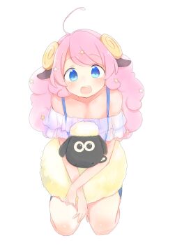 1girl ahoge animal_ears blue_eyes blush crossover horns long_hair looking_at_viewer moa_(show_by_rock!!) open_mouth pink_hair shaun_the_sheep sheep show_by_rock!! simple_background smile star_(symbol) wallace_&amp;_gromit white_background