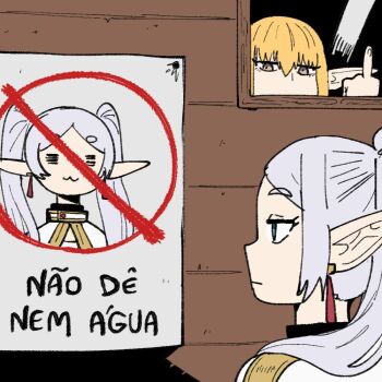 2girls :3 =_= blonde_hair blue_eyes brown_eyes commentary_request earrings expressionless frieren grey_hair jewelry middle_finger multiple_girls pointy_ears portuguese_commentary portuguese_text poster_(object) serie_(sousou_no_frieren) sousou_no_frieren translation_request twintails wanderjegson window