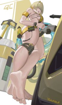 1girl absurdres armband blonde_hair breasts cable elegg_(boom_and_shock)_(nikke) elegg_(nikke) feet from_below goddess_of_victory:_nikke hair_intakes hair_over_eyes highres innertube knee_pads large_breasts official_alternate_costume open_mouth single_knee_pad slingshot_swimsuit solo swim_ring swimsuit watch wristwatch yellow_slingshot_swimsuit yukiale