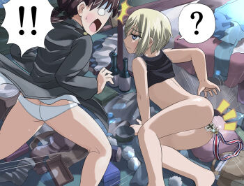 ! !! 2girls ? ass between_buttocks blonde_hair blue_eyes blush bottomless bow brown_hair butt_crack closed_mouth cross erica_hartmann gertrud_barkhorn hair_bow hosoinogarou indoors iron_cross military_uniform multiple_girls no_panties open_mouth panties strike_witches surprised twintails underwear white_eyes white_panties world_witches_series