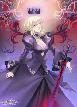 1girl artoria_pendragon_(fate) black_dress blonde_hair braid braided_bun breasts bun_with_braided_base character_name cleavage clothing_cutout commentary crown dark_persona diamond_cutout dress english_commentary excalibur_morgan_(fate) fate/grand_order fate/stay_night fate_(series) flower glowing glowing_sword glowing_weapon hair_bun heaven&#039;s_feel highres juliet_sleeves long_sleeves looking_at_viewer medium_breasts princess_ailish puffy_sleeves rose saber_alter saber_alter_(third_ascension) single_hair_bun solo weapon yellow_eyes