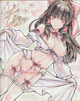 1girl absurdres alternate_costume blush bow bowtie breasts censored cherry_blossoms commentary_request dated female_pubic_hair flower frilled_bow frilled_hair_tubes frilled_thigh_strap frills garter_belt hair_bow hair_tubes hakurei_reimu heart heart_censor highres large_breasts lingerie long_hair long_sleeves looking_at_viewer monety navel nipples open_mouth pink_bow pink_bowtie pink_eyes pink_flower pubic_hair red_bow shikishi signature solo thigh_strap touhou traditional_media underwear