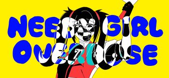 Rule 34 | 1girl, ame-chan (needy girl overdose), black gloves, black hair, color contrast, commentary request, constricted pupils, copyright name, crazy grin, gloves, hair over one eye, highres, holding, holding knife, imminent attack, inverted colors, knife, limited palette, looking at viewer, neck ribbon, needy girl overdose, null reika, revealing layer, ribbon, saliva, shirt, short twintails, sidelocks, simple background, solo, twintails, variant set, white shirt, yellow background