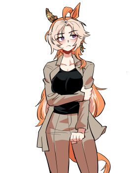 1girl ahoge animal_ears arm_across_chest black_shirt breasts brown_hair brown_jacket brown_pants closed_mouth commentary_request dinoyhs forehead highres horse_ears horse_girl horse_tail jacket korean_commentary long_hair looking_to_the_side medium_breasts multicolored_hair open_clothes open_jacket orfevre_(umamusume) pants purple_eyes shirt simple_background solo tail two-tone_hair umamusume very_long_hair white_background