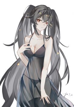 1girl absurdly_long_hair alternate_costume bare_arms black_dress black_hair black_panties black_thighhighs breasts cleavage dress francis_cairo highres long_hair lucia_(pgr) medium_breasts panties punishing:_gray_raven red_eyes see-through_clothes see-through_dress sidelocks signature solo thighhighs twintails underwear very_long_hair white_background