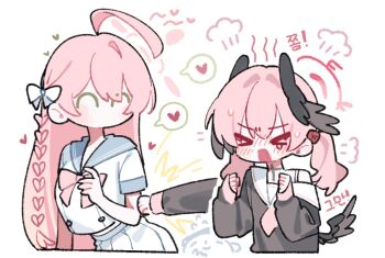 Rule 34 | > <, 1boy, 2girls, ^ ^, ahoge, black wings, blue archive, blue sailor collar, blush, bow, braid, chibi, chibi only, clenched hands, closed eyes, commentary request, doodle sensei (blue archive), feathered wings, hair bow, halo, hanako (blue archive), head wings, heart, koharu (blue archive), korean commentary, long hair, long sleeves, multiple girls, nagakiras2, no mouth, off shoulder, pink hair, puff of air, punching, sailor collar, school uniform, sensei (blue archive), serafuku, short sleeves, side braid, simple background, spoken heart, twintails, white background, white bow, white sailor collar, wings