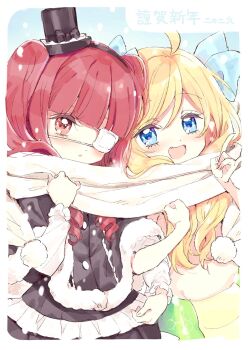 2girls blonde_hair blue_eyes blush breasts closed_mouth convenient_hair eyepatch gothic_lolita hair_over_breasts hanazono_yurine hat highres jashin-chan jashin-chan_dropkick lolita_fashion medical_eyepatch mini_hat mini_top_hat monster_girl multiple_girls naughty_face open_mouth red_hair scarf simple_background top_hat twintails white_scarf yukiwo
