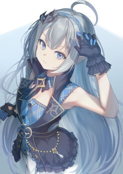 Rule 34 | 1girl, ahoge, black dress, black gloves, blue dress, blue eyes, blue hairband, breasts, cellphone, commentary, dress, female tyrant (stella sora), from above, gloves, grey hair, hairband, highres, holding, holding phone, layered dress, long hair, looking at viewer, looking up, marulire, phone, pointy ears, sleeveless, sleeveless dress, small breasts, smartphone, smile, solo, standing, stella sora, thighhighs, tyrant (stella sora), white thighhighs