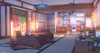 3d absurdres highres indoors kitchen kotatsu no_humans original scenery sidelighting sitai_xiii sunset table tree window