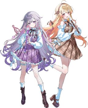 2girls absurdres ahoge black_boots blonde_hair boots braid brown_dress brown_shoes closed_mouth clothing_cutout dress face_jewel fishnet_pantyhose fishnets floating_hair fortissimo full_body hair_ornament highres holding holding_instrument hololive hololive_dev_is hololive_english instrument koseki_bijou long_hair long_sleeves looking_at_viewer multiple_girls musical_note musical_note_hair_ornament official_art open_mouth otonose_kanade pantyhose purple_dress purple_hair shoes short_sleeves shoulder_cutout simple_background smile socks socks_over_pantyhose standing standing_on_one_leg thigh_strap transparent_background very_long_hair virtual_youtuber white_socks