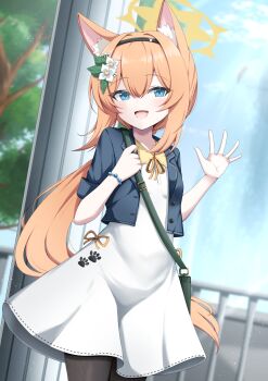 1girl alternate_costume animal_ear_fluff animal_ears bag black_hairband black_pantyhose blue_archive blue_eyes casual cat_ears cat_girl cropped_jacket day dress floating_hair flower hair_between_eyes hair_flower hair_ornament hairband halo hand_up hands_up happy highres jacket kamesys leaf_hair_ornament long_hair looking_at_viewer low_ponytail mari_(blue_archive) open_clothes open_jacket open_mouth orange_hair outdoors outstretched_hand pantyhose paw_print ponytail shoulder_bag sidelocks smile solo tsurime very_long_hair waving white_dress white_flower