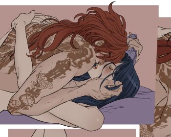 2girls arcane:_league_of_legends arcane_caitlyn arcane_vi arm_tattoo back_tattoo blue_hair caitlyn_(league_of_legends) closed_eyes commentary english_commentary hand_in_another's_hair hand_on_another's_face highres hug league_of_legends long_hair marceline2174 multiple_girls open_mouth red_hair sweat tattoo upper_body vi_(league_of_legends) yuri